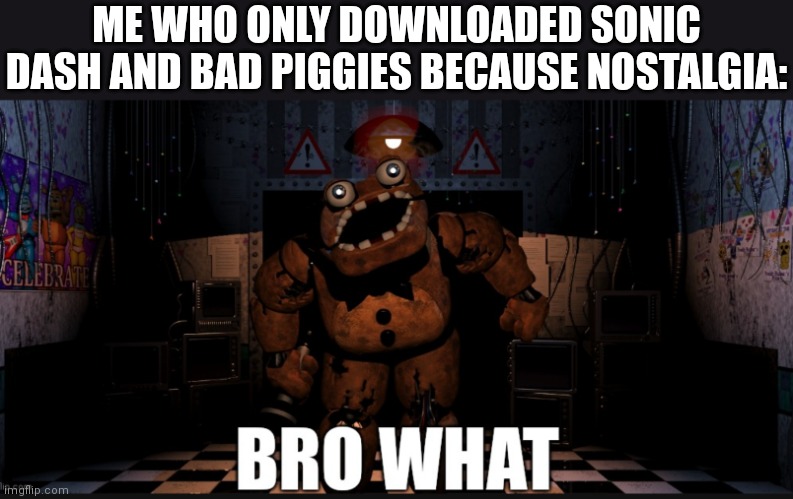 Freddy says Bro What | ME WHO ONLY DOWNLOADED SONIC DASH AND BAD PIGGIES BECAUSE NOSTALGIA: | image tagged in freddy says bro what | made w/ Imgflip meme maker