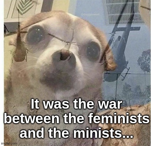 PTSD Chihuahua | It was the war between the feminists and the minists... | image tagged in ptsd chihuahua | made w/ Imgflip meme maker