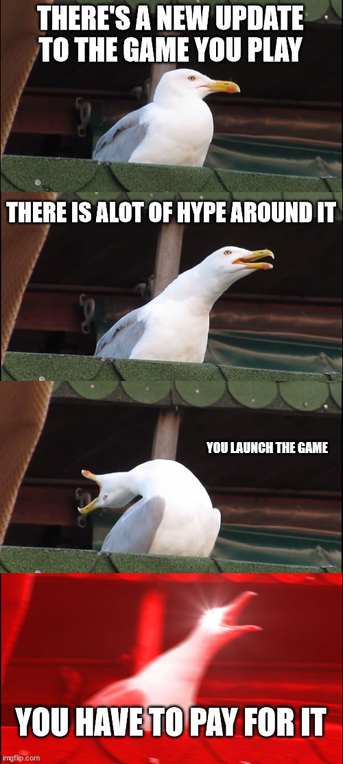 Inhaling Seagull Meme | THERE'S A NEW UPDATE TO THE GAME YOU PLAY; THERE IS ALOT OF HYPE AROUND IT; YOU LAUNCH THE GAME; YOU HAVE TO PAY FOR IT | image tagged in memes,inhaling seagull | made w/ Imgflip meme maker