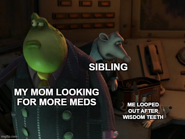 Flushed Away Me Mom and Sibling | SIBLING; MY MOM LOOKING FOR MORE MEDS; ME LOOPED OUT AFTER WISDOM TEETH | image tagged in flushed away,wisdom teeth | made w/ Imgflip meme maker