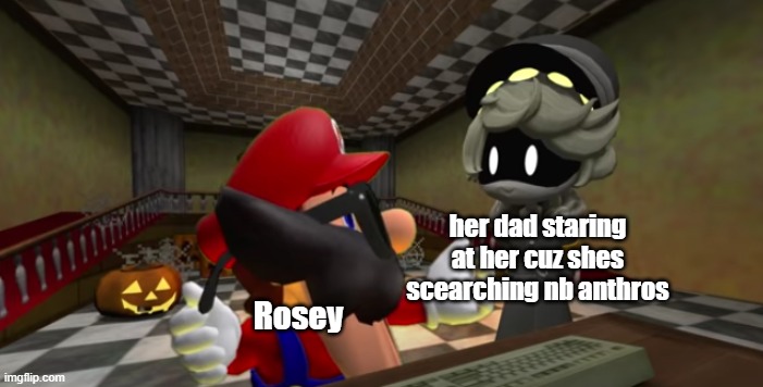 her dad looking at rosey (for twitter only) | her dad staring at her cuz shes scearching nb anthros; Rosey | image tagged in n looking at mario | made w/ Imgflip meme maker