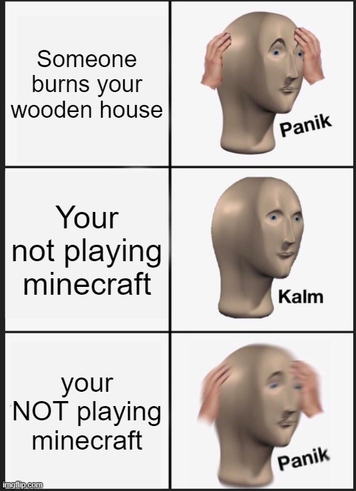 Panik Kalm Panik | Someone burns your wooden house; Your not playing minecraft; your NOT playing minecraft | image tagged in memes,panik kalm panik | made w/ Imgflip meme maker