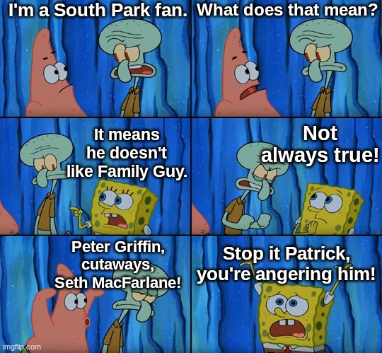 People can have their own opinions. | I'm a South Park fan. What does that mean? Not always true! It means he doesn't like Family Guy. Peter Griffin, cutaways, Seth MacFarlane! Stop it Patrick, you're angering him! | image tagged in stop it patrick you're scaring him,memes,funny,south park,family guy | made w/ Imgflip meme maker