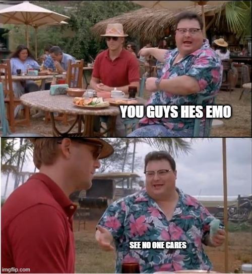 lol im not emo | YOU GUYS HES EMO; SEE NO ONE CARES | image tagged in memes,see nobody cares | made w/ Imgflip meme maker