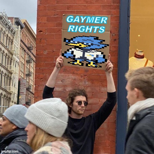 Gaymer Rights | GAYMER RIGHTS | image tagged in memes,guy holding cardboard sign,oh wow are you actually reading these tags,berdly,deltarune,video games | made w/ Imgflip meme maker