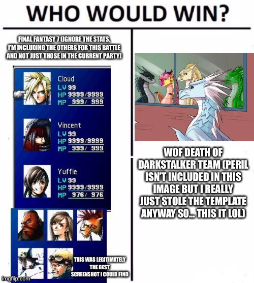 *Let the Battles Begin plays* welcome to boredom battles number 2 where I put random teams against each other for no good reason | WOF DEATH OF DARKSTALKER TEAM (PERIL ISN’T INCLUDED IN THIS IMAGE BUT I REALLY JUST STOLE THE TEMPLATE ANYWAY SO… THIS IT LOL) | made w/ Imgflip meme maker