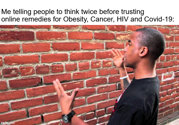 Literally like talking to a wall. | Me telling people to think twice before trusting online remedies for Obesity, Cancer, HIV and Covid-19: | image tagged in talking to wall | made w/ Imgflip meme maker