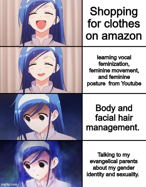 What its like being a transwoman for me. |  Shopping for clothes on amazon; learning vocal feminization, feminine movement, and feminine posture  from Youtube; Body and facial hair management. Talking to my evangelical parents about my gender identity and sexuality. | image tagged in fumino furuhashi | made w/ Imgflip meme maker
