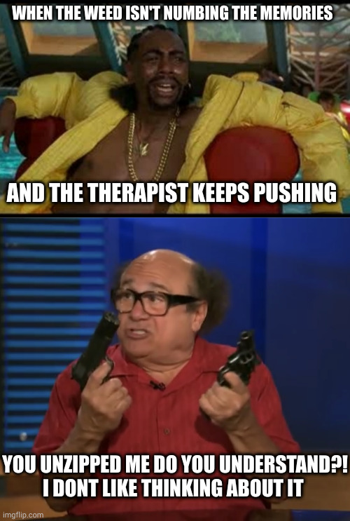 EMOTIONAL DAMAGE | WHEN THE WEED ISN'T NUMBING THE MEMORIES; AND THE THERAPIST KEEPS PUSHING; YOU UNZIPPED ME DO YOU UNDERSTAND?!
I DONT LIKE THINKING ABOUT IT | image tagged in sir smoke a lot,frank reynolds | made w/ Imgflip meme maker