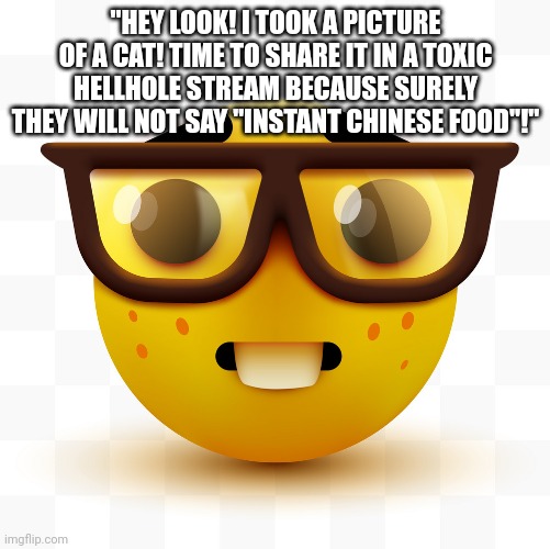 Nerd emoji | "HEY LOOK! I TOOK A PICTURE OF A CAT! TIME TO SHARE IT IN A TOXIC HELLHOLE STREAM BECAUSE SURELY THEY WILL NOT SAY "INSTANT CHINESE FOOD"!" | image tagged in nerd emoji | made w/ Imgflip meme maker