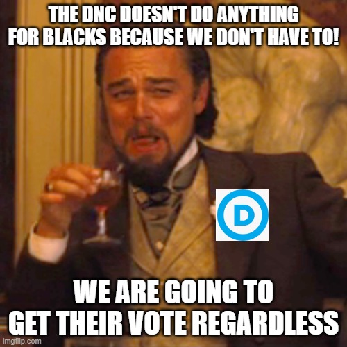 Laughing Leo |  THE DNC DOESN'T DO ANYTHING FOR BLACKS BECAUSE WE DON'T HAVE TO! WE ARE GOING TO GET THEIR VOTE REGARDLESS | image tagged in memes,laughing leo | made w/ Imgflip meme maker