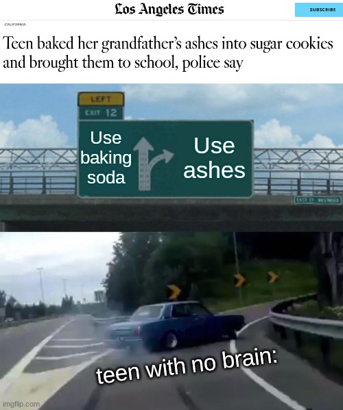 THIS IS WHAT THE DEEPEST DARKEST CORNERS OF THE INTERNET LOOK LIKE | Use baking soda; Use ashes; teen with no brain: | image tagged in memes,left exit 12 off ramp | made w/ Imgflip meme maker