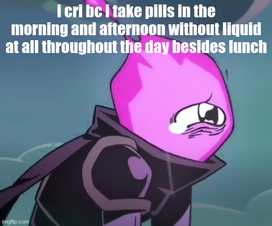 i cri bc i take pills in the morning and afternoon without liquid at all throughout the day besides lunch | made w/ Imgflip meme maker
