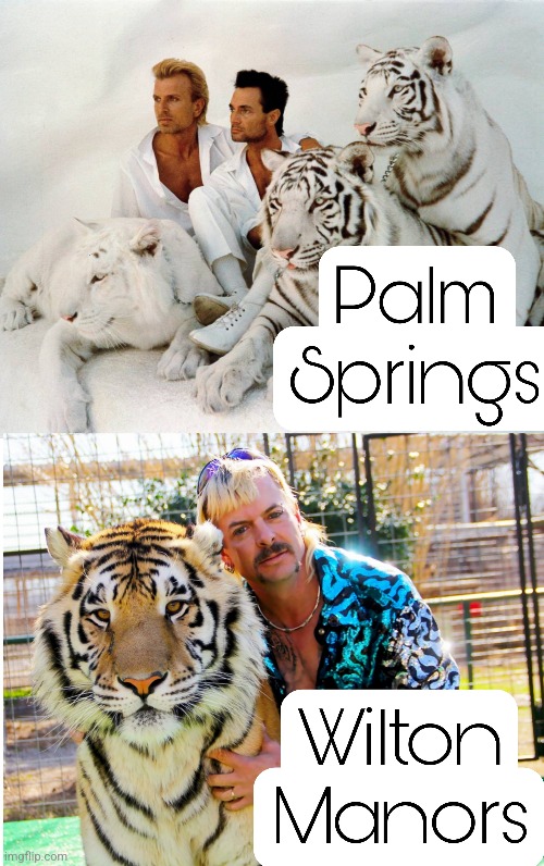 Palm Springs Versus Wilton Manors | image tagged in joe exotic,wilton manors,palm springs,siegfried and roy | made w/ Imgflip meme maker