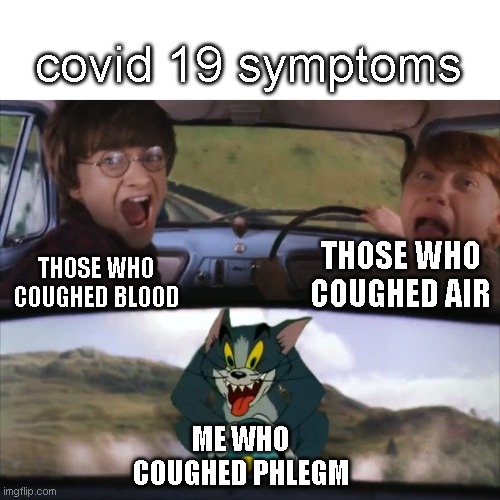 what are your covid 19 symptoms??? | covid 19 symptoms; THOSE WHO COUGHED AIR; THOSE WHO COUGHED BLOOD; ME WHO COUGHED PHLEGM | image tagged in tom chasing harry and ron weasly,covid-19 | made w/ Imgflip meme maker