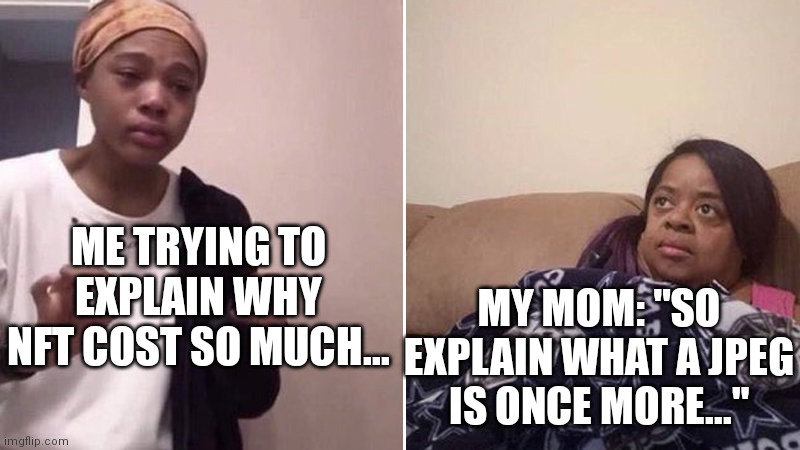Me explaining to my mom | ME TRYING TO EXPLAIN WHY NFT COST SO MUCH... MY MOM: "SO EXPLAIN WHAT A JPEG IS ONCE MORE..." | image tagged in me explaining to my mom | made w/ Imgflip meme maker