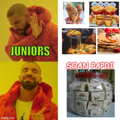 Drake Blank | JUNIORS; SOAN PAPDI | image tagged in drake blank | made w/ Imgflip meme maker