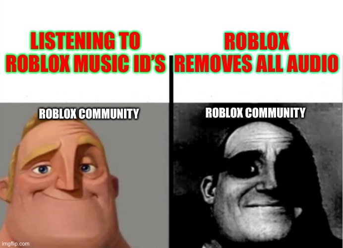 Roblox audio in a nutshell | ROBLOX REMOVES ALL AUDIO; LISTENING TO ROBLOX MUSIC ID’S; ROBLOX COMMUNITY; ROBLOX COMMUNITY | image tagged in teacher's copy | made w/ Imgflip meme maker