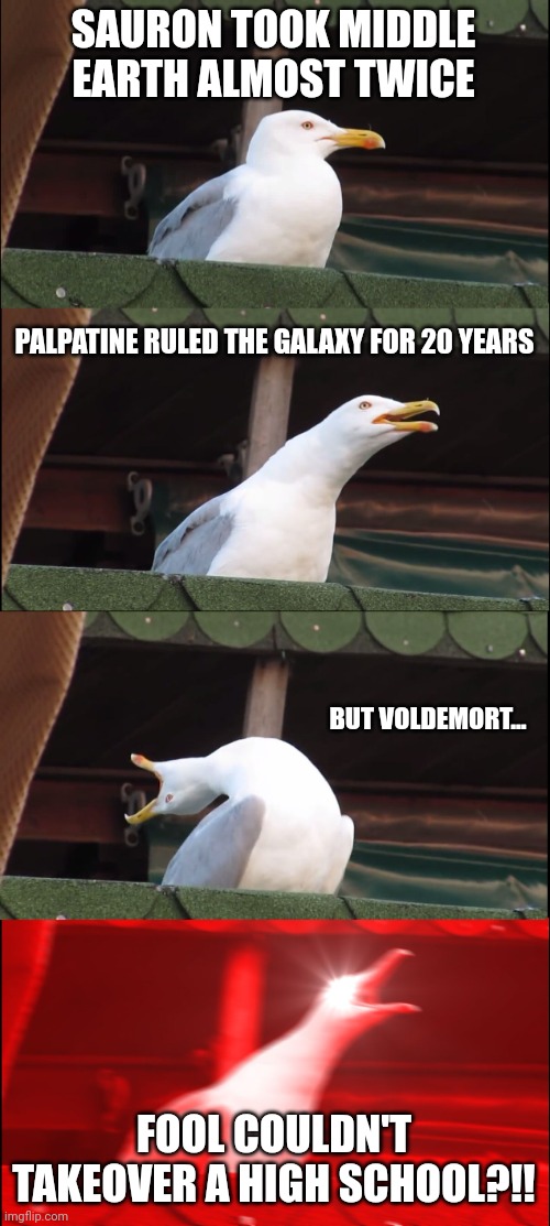 Inhaling Seagull | SAURON TOOK MIDDLE EARTH ALMOST TWICE; PALPATINE RULED THE GALAXY FOR 20 YEARS; BUT VOLDEMORT... FOOL COULDN'T TAKEOVER A HIGH SCHOOL?!! | image tagged in memes,inhaling seagull | made w/ Imgflip meme maker