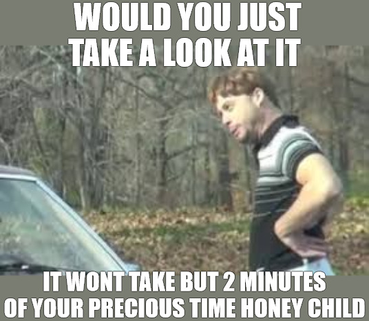 HELP ME OUT | WOULD YOU JUST TAKE A LOOK AT IT; IT WONT TAKE BUT 2 MINUTES OF YOUR PRECIOUS TIME HONEY CHILD | image tagged in just look at it | made w/ Imgflip meme maker