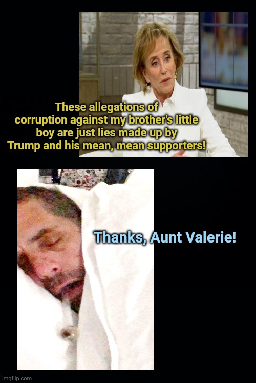 Joe Biden's sister Valerie defends Hunter's integrity | These allegations of corruption against my brother's little boy are just lies made up by Trump and his mean, mean supporters! Thanks, Aunt Valerie! | image tagged in valerie biden owens,joe biden,biden crime family,hunter biden,corruption,political humor | made w/ Imgflip meme maker