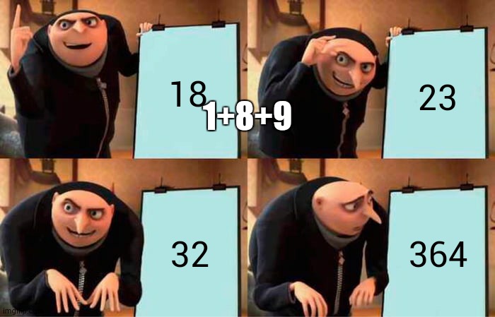 Gru's Plan Meme | 18 23 32 364 1+8+9 | image tagged in memes,gru's plan | made w/ Imgflip meme maker