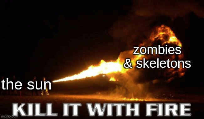 idk | zombies & skeletons; the sun | image tagged in kill it with fire,i ran out of ideas | made w/ Imgflip meme maker
