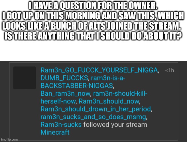 I HAVE A QUESTION FOR THE OWNER.
I GOT UP ON THIS MORNING AND SAW THIS, WHICH LOOKS LIKE A BUNCH OF ALTS JOINED THE STREAM.  
IS THERE ANYTHING THAT I SHOULD DO ABOUT IT? | made w/ Imgflip meme maker