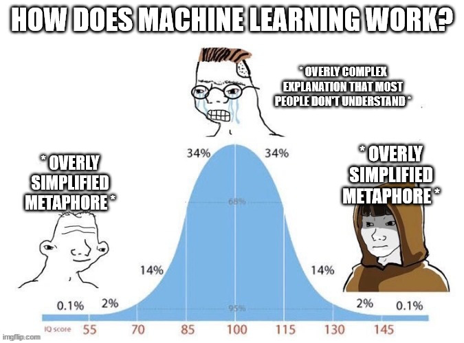 bell curve | HOW DOES MACHINE LEARNING WORK? * OVERLY COMPLEX EXPLANATION THAT MOST PEOPLE DON'T UNDERSTAND *; * OVERLY SIMPLIFIED METAPHORE *; * OVERLY SIMPLIFIED METAPHORE * | image tagged in bell curve | made w/ Imgflip meme maker
