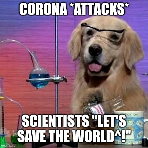 I Have No Idea What I Am Doing Dog | CORONA *ATTACKS*; SCIENTISTS "LET'S SAVE THE WORLD^!" | image tagged in memes,i have no idea what i am doing dog | made w/ Imgflip meme maker