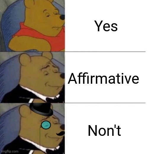 Non't | Yes; Affirmative; Non't | image tagged in tuxedo winnie the pooh 3 panel,tuxedo winnie the pooh,winnie the pooh,memes,funny | made w/ Imgflip meme maker