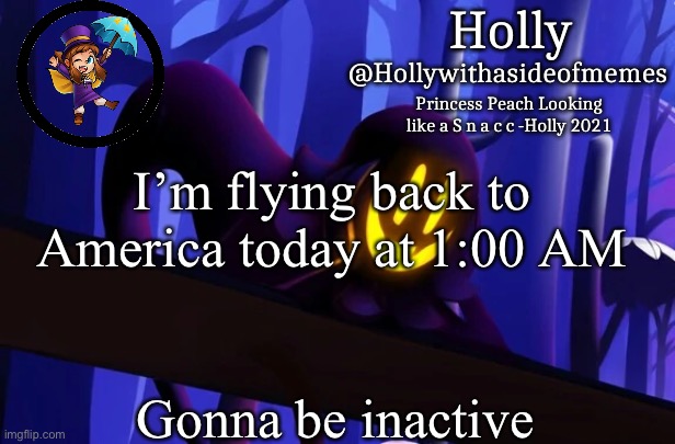 17 hour flight | I’m flying back to America today at 1:00 AM; Gonna be inactive | image tagged in holly snatcher template | made w/ Imgflip meme maker