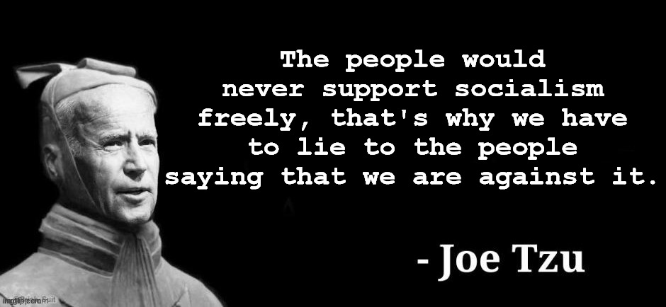 Joe Tzu | The people would never support socialism freely, that's why we have to lie to the people saying that we are against it. | image tagged in joe tzu,memes,politics | made w/ Imgflip meme maker
