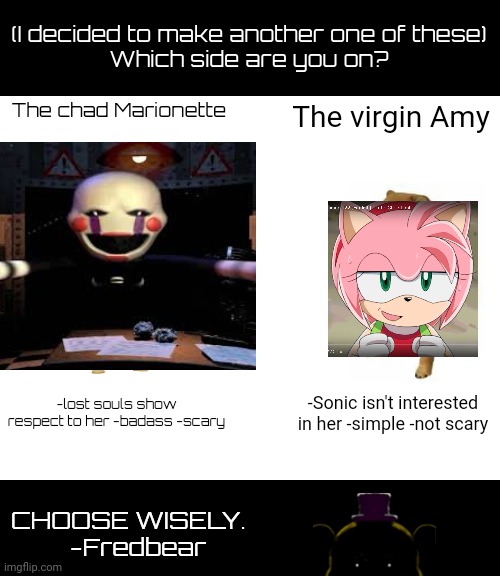 Which side are you on 2 | (I decided to make another one of these)
Which side are you on? The chad Marionette; The virgin Amy; -lost souls show respect to her -badass -scary; -Sonic isn't interested in her -simple -not scary; CHOOSE WISELY.
   -Fredbear | image tagged in memes,buff doge vs cheems,amy rose,fnaf2,fredbear,we're doing a sequel | made w/ Imgflip meme maker