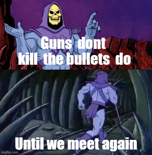 Skeletor Advice Until we meet again |  Guns  dont  kill  the bullets  do; Until we meet again | image tagged in skeletor advice until we meet again | made w/ Imgflip meme maker