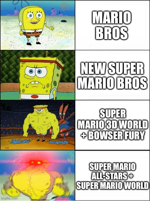 What Your Favourite Games Mario Mario Bros or New Super Mario Bros or Super Mario 3D World + Bowser Fury or SMAS+SMW | MARIO BROS; NEW SUPER MARIO BROS; SUPER MARIO 3D WORLD + BOWSER FURY; SUPER MARIO ALL-STARS + SUPER MARIO WORLD | image tagged in sponge finna commit muder,mario bros,new super mario bros,super mario 3d world,super mario all-stars | made w/ Imgflip meme maker