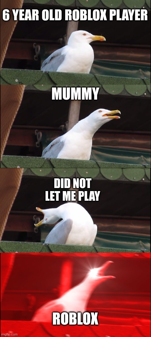 Inhaling Seagull | 6 YEAR OLD ROBLOX PLAYER; MUMMY; DID NOT LET ME PLAY; ROBLOX | image tagged in memes,inhaling seagull,roblox meme | made w/ Imgflip meme maker
