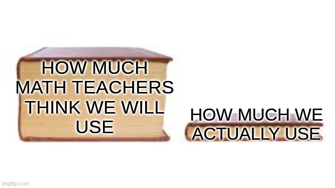 Math | HOW MUCH
MATH TEACHERS
THINK WE WILL
USE; HOW MUCH WE ACTUALLY USE | image tagged in big book small book | made w/ Imgflip meme maker