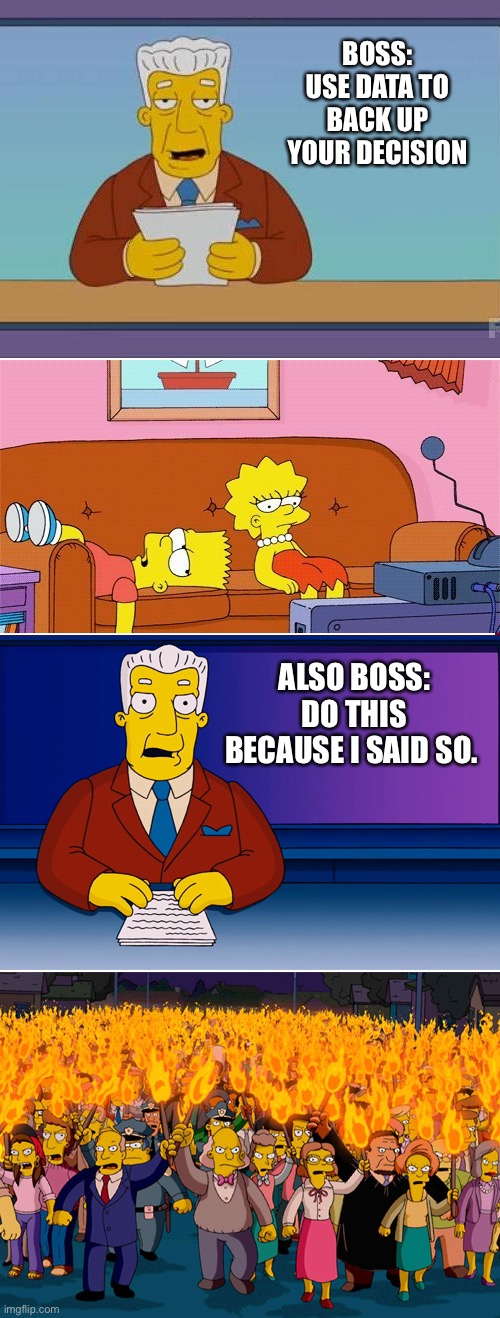 Double Standard | BOSS: USE DATA TO BACK UP YOUR DECISION; ALSO BOSS: DO THIS BECAUSE I SAID SO. | image tagged in double standard | made w/ Imgflip meme maker