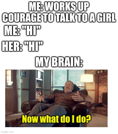 help | ME: WORKS UP COURAGE TO TALK TO A GIRL; ME: "HI"; HER: "HI"; MY BRAIN:; Now what do I do? | image tagged in blank white template | made w/ Imgflip meme maker