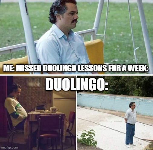 me when i missed duolingo lessons: | ME: MISSED DUOLINGO LESSONS FOR A WEEK:; DUOLINGO: | image tagged in memes,sad pablo escobar | made w/ Imgflip meme maker