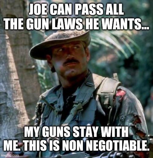 They stay with me until my dying day then they go to my daughter. | JOE CAN PASS ALL THE GUN LAWS HE WANTS... MY GUNS STAY WITH ME. THIS IS NON NEGOTIABLE. | image tagged in jesse ventura | made w/ Imgflip meme maker