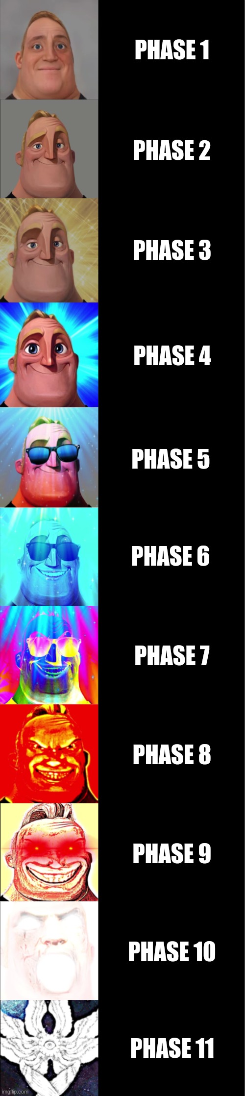 mr incredible becoming canny | PHASE 1; PHASE 2; PHASE 3; PHASE 4; PHASE 5; PHASE 6; PHASE 7; PHASE 8; PHASE 9; PHASE 10; PHASE 11 | image tagged in mr incredible becoming canny | made w/ Imgflip meme maker