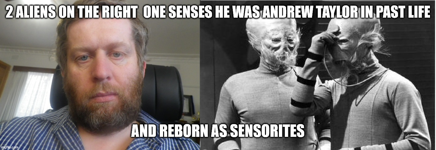 Aliens now and then | 2 ALIENS ON THE RIGHT  ONE SENSES HE WAS ANDREW TAYLOR IN PAST LIFE; AND REBORN AS SENSORITES | image tagged in aliens | made w/ Imgflip meme maker