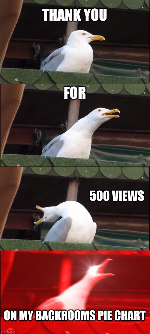 Inhaling Seagull | THANK YOU; FOR; 500 VIEWS; ON MY BACKROOMS PIE CHART | image tagged in memes,inhaling seagull | made w/ Imgflip meme maker