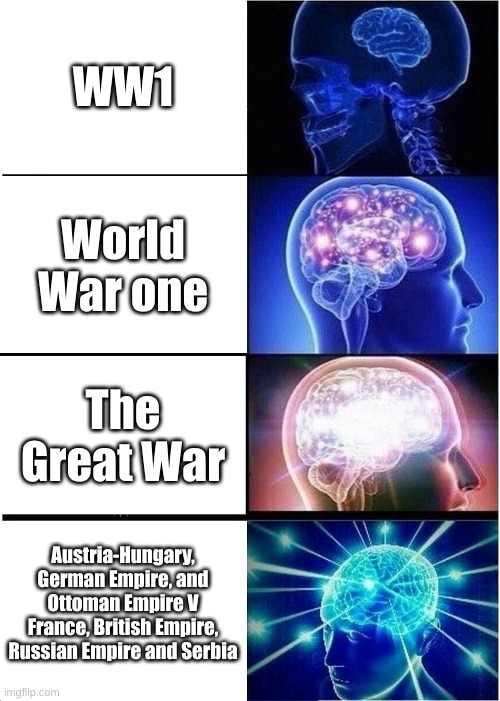 World war one name meme: | WW1; World War one; The Great War; Austria-Hungary, German Empire, and Ottoman Empire V France, British Empire, Russian Empire and Serbia | image tagged in memes,expanding brain | made w/ Imgflip meme maker