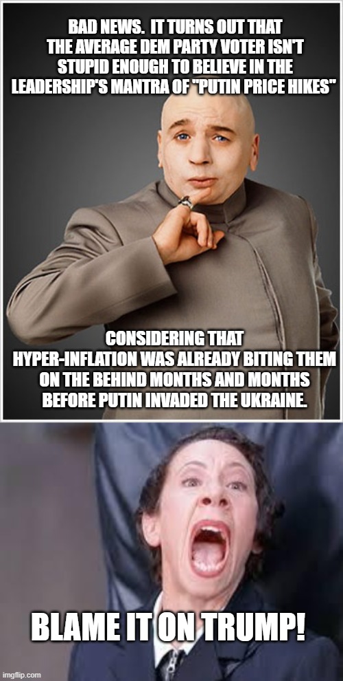 Come on Dems . . . try something NEW . . . blame it on Biden. | BAD NEWS.  IT TURNS OUT THAT THE AVERAGE DEM PARTY VOTER ISN'T STUPID ENOUGH TO BELIEVE IN THE LEADERSHIP'S MANTRA OF "PUTIN PRICE HIKES"; CONSIDERING THAT HYPER-INFLATION WAS ALREADY BITING THEM ON THE BEHIND MONTHS AND MONTHS BEFORE PUTIN INVADED THE UKRAINE. BLAME IT ON TRUMP! | image tagged in dr evil | made w/ Imgflip meme maker