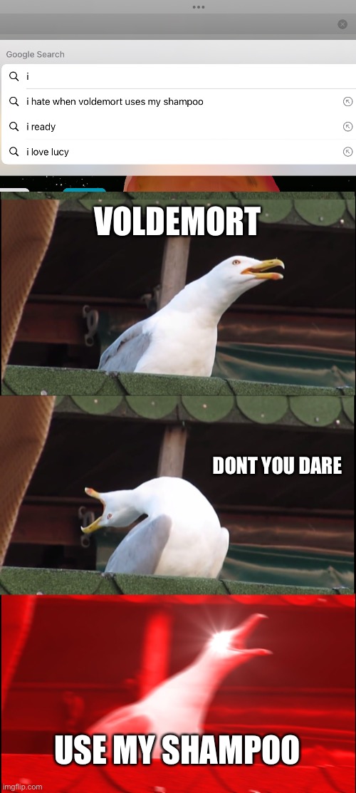 Repost | VOLDEMORT; DONT YOU DARE; USE MY SHAMPOO | image tagged in memes,inhaling seagull | made w/ Imgflip meme maker