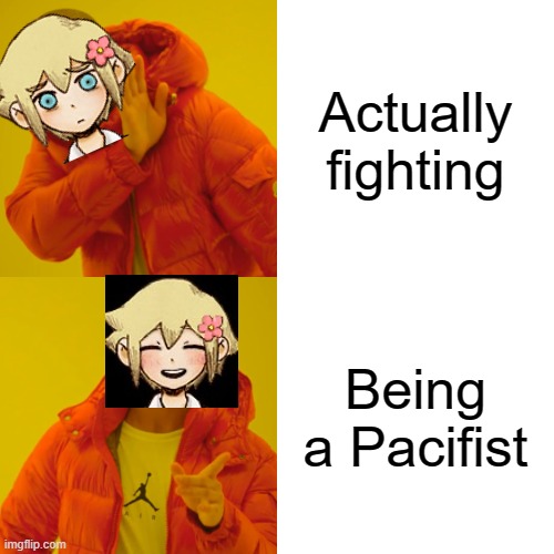 "I don't really like to fight" -Basil 2020 | Actually fighting; Being a Pacifist | image tagged in memes,basil dreemurr,drake hotline bling,omori | made w/ Imgflip meme maker