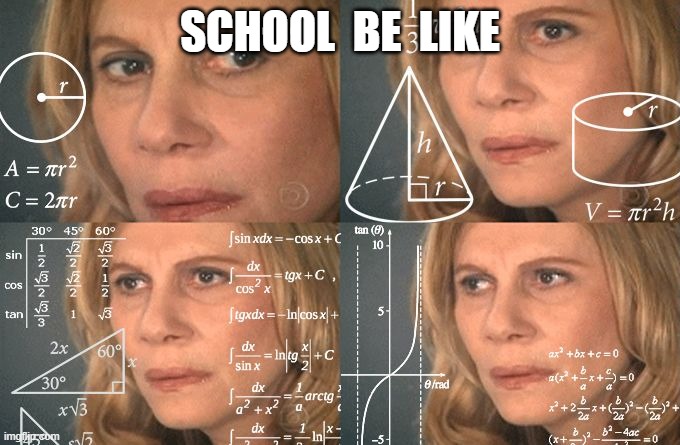 School be like | SCHOOL  BE  LIKE | image tagged in calculating meme,school,school memes,school meme,memes,funny memes | made w/ Imgflip meme maker